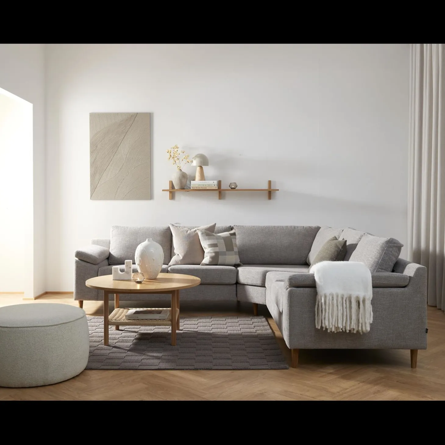 FLEX Hjørnesofa med 1 hjørnemodul, 2 endemoduler grå + ben træ